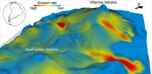 Simulazione con modello 3D di una glaciazione del vulcano Villarrica (Cile). Credit: Pietro Sternai.