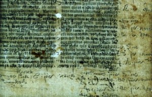 Annotazioni nascoste, mescolate al testo in una Bibbia in latino del 1535 Credit: © Lambeth Palace Library