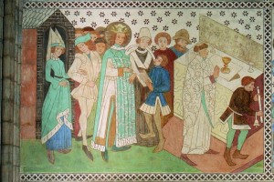 Erik IX il Santo viene messo in guardia durante la Messa. Dipinto murale dalla Cattedrale di Uppsala. Credit: Anders Damberg