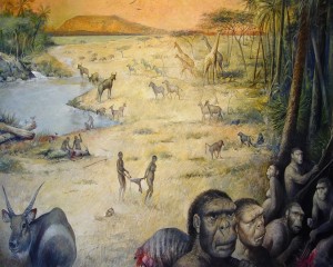 Resa artistica dell'habitat umano in Africa Orientale, 1,8 milioni di anni fa. Credit: M.Lopez-Herrera via The Olduvai Paleoanthropology and Paleoecology Project ed Enrique Baquedano.