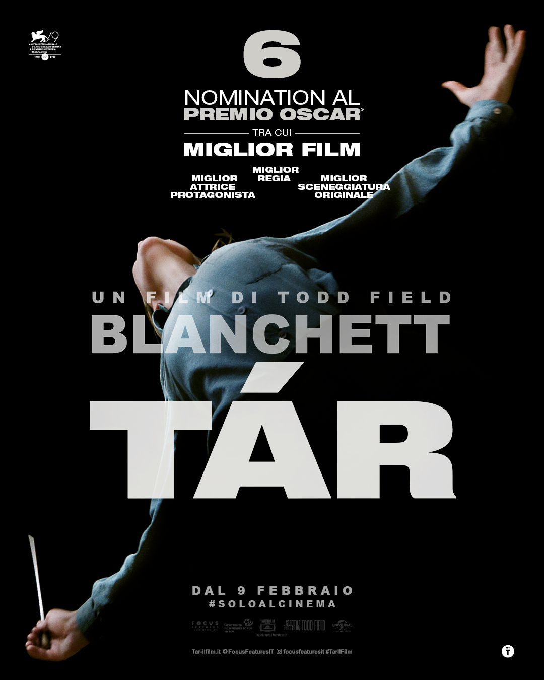 La locandina di Tár con l'indicazione delle 6 nomination agli Oscar 2023