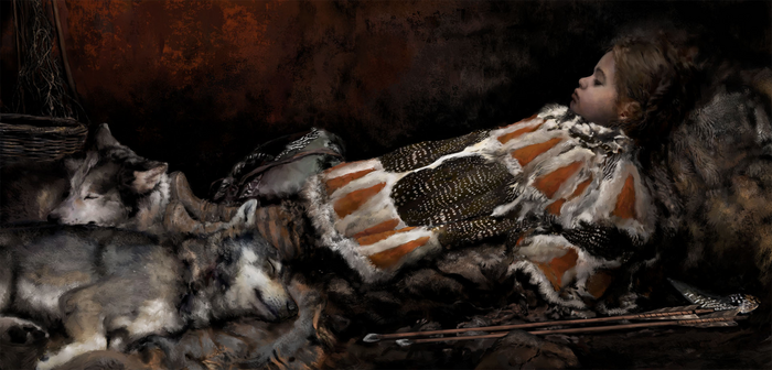 A Stone Age child buried with bird feathers, plant fibers and fur