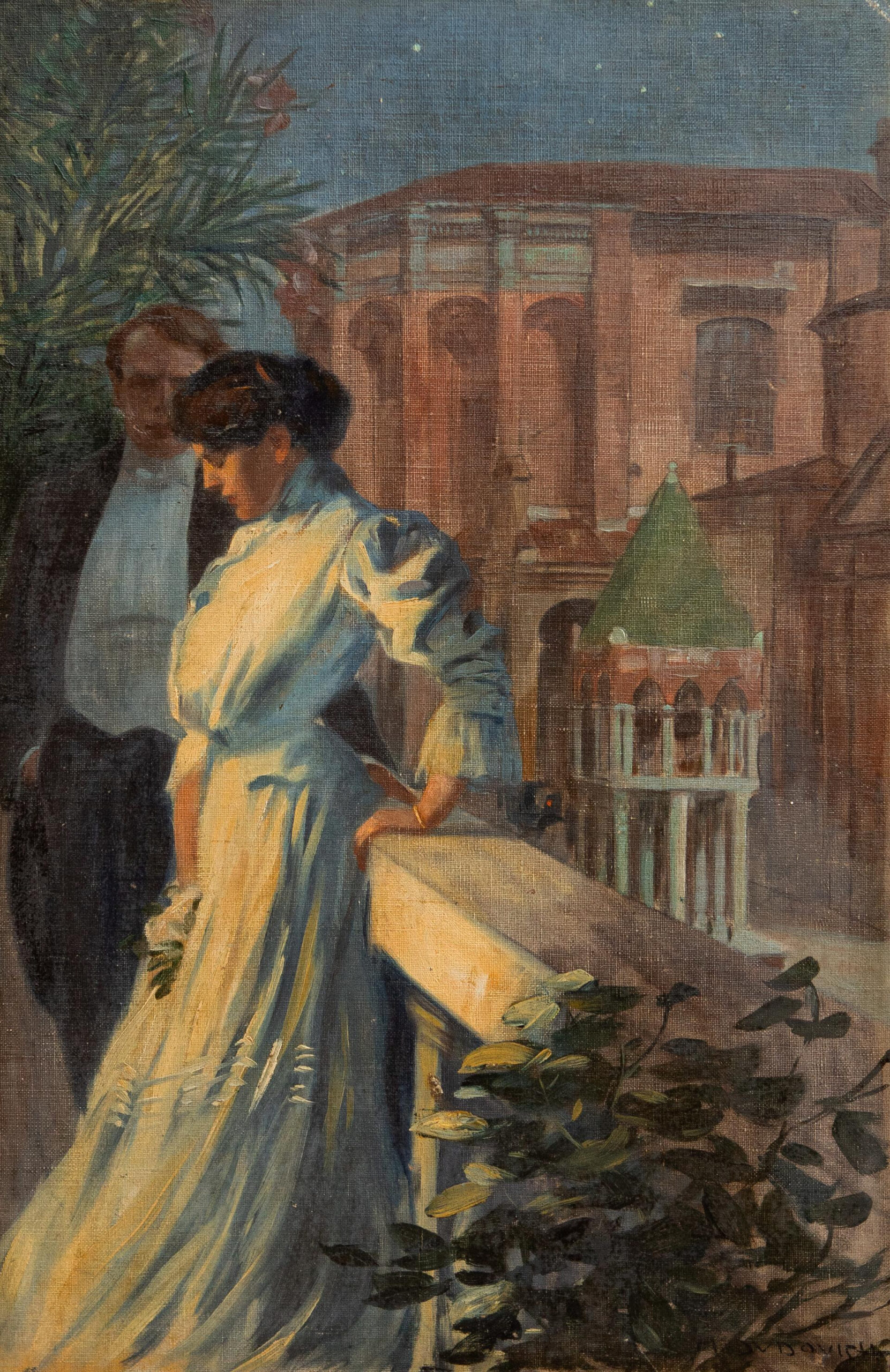 Marcello Dudovich, Autoritratto con Elisa Bucchi in Piazza San Domenico, 1899-1901olio su tela applicata su compensato, 55,5x36 cm