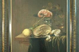 Il dipinto di Jasper Geerards, Natura morta con nautilus, limoni, prosciutto e calice