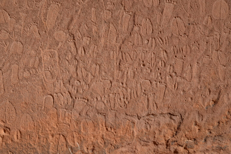 Detail of Stone Age depictions of human footprints and animal tracks in Doro !Nawas mountains, Namibia.  Andreas Pastoors, CC-BY 4.0