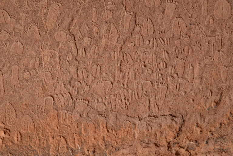 Detail of Stone Age depictions of human footprints and animal tracks in Doro !Nawas mountains, Namibia. Andreas Pastoors, CC-BY 4.0