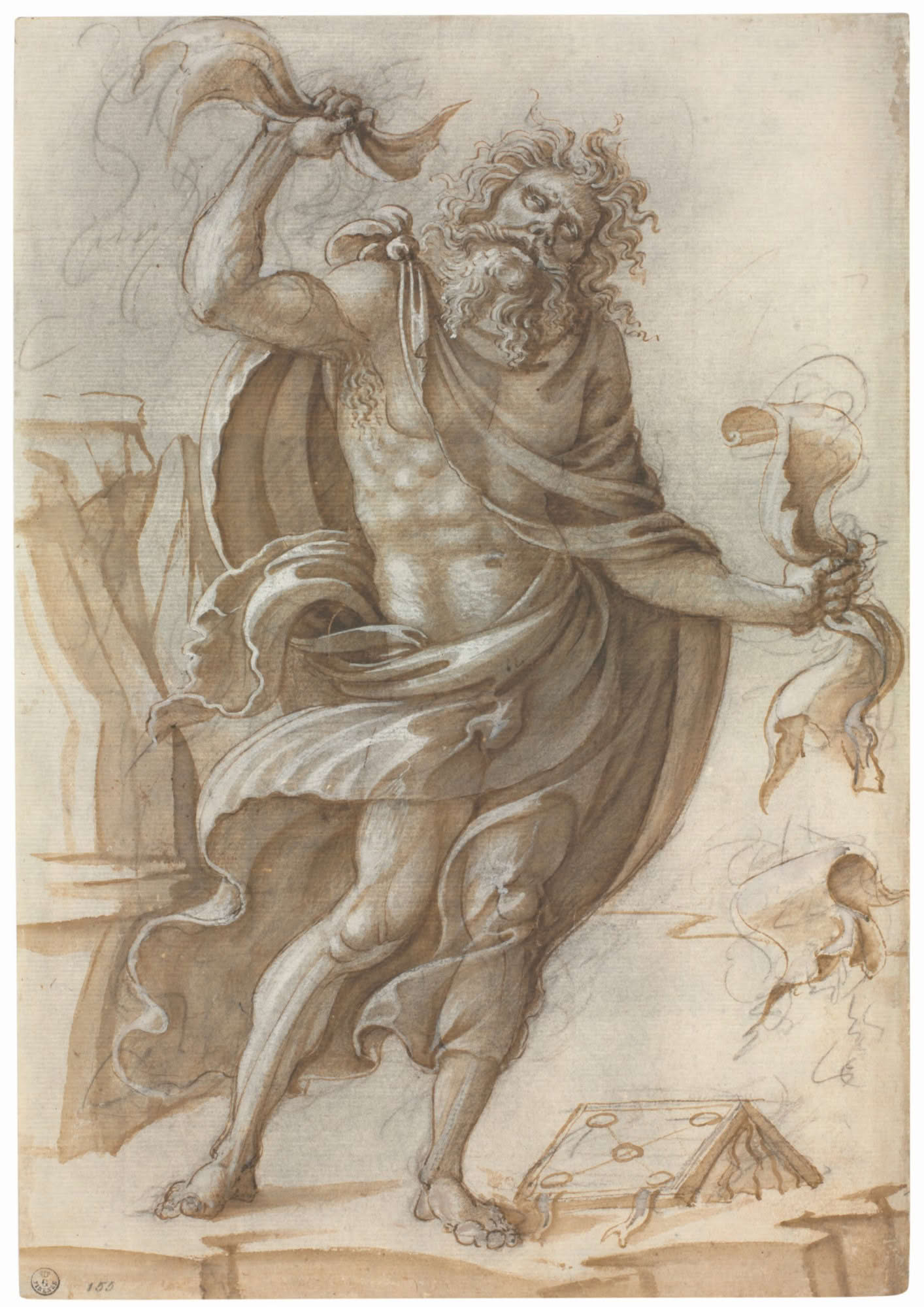 6. Giuliano Giamberti, detto Giuliano da Sangallo Figura maschile stante (Bagoa, attendente di Oloferne [?]) 1506–1510 ca. Pietra nera parzialmente sfumata, penna e inchiostro, pennello e inchiostro diluito, biacca (carbonato basico di piombo), 393 × 271 mm Firenze, Gallerie degli Uffizi, Gabinetto dei Disegni e delle Stampe, inv. 155 F r