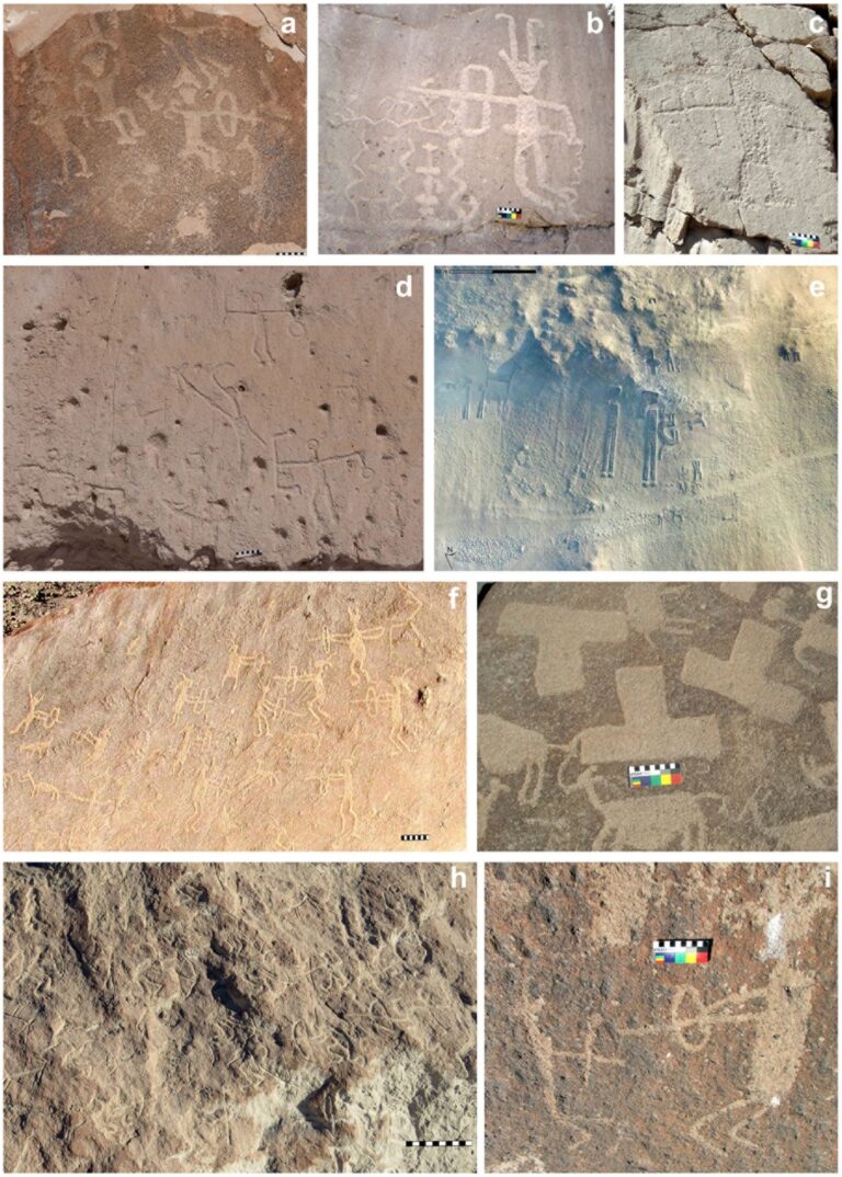 Motifs in rock art and geoglyphs from the Formative Period (a-c) and Late Intermediate Period (d-j). Photograph (a) and (d) by Nick Charlesworth; (e) photogrammetry by Marta Crespo.