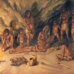 Artistic recreation of the use of Mesolithic baskets by a group of hunter-gatherers in the Cueva de los Murciélagos de Albuñol.
