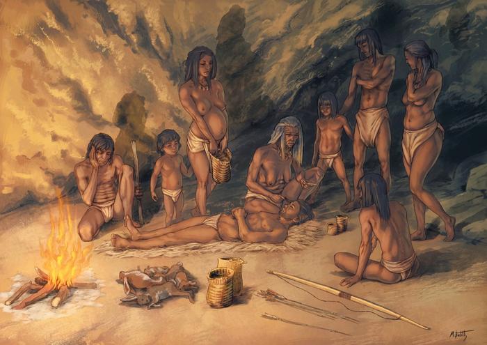 Artistic recreation of the use of Mesolithic baskets by a group of hunter-gatherers in the Cueva de los Murciélagos de Albuñol.