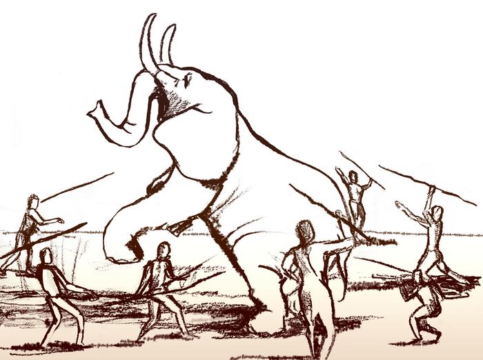 prehistoric small prey weapons abilities Illustration of elephant hunting using spears