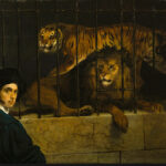 Francesco Hayez, Un leone e una tigre entro una gabbia con il ritratto del pittore (1831), olio su tavola, 43 x 51 cm. Milano, Museo Poldi Pezzoli