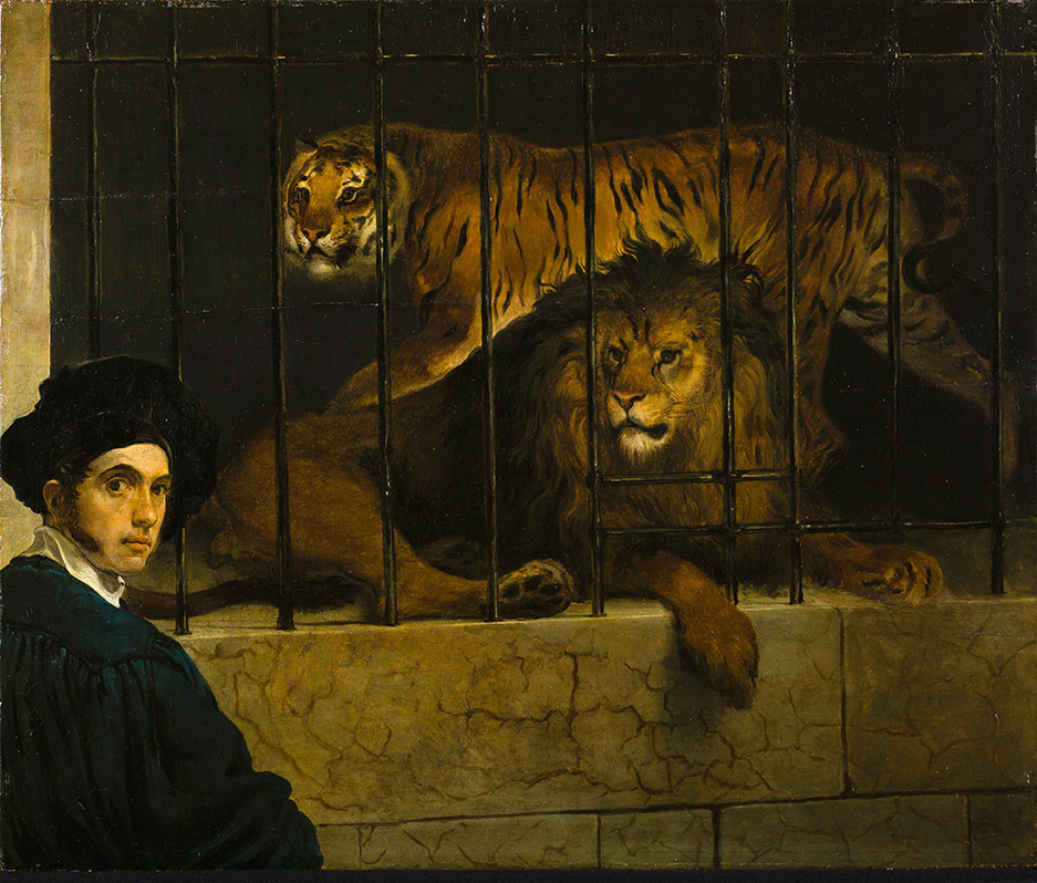 Francesco Hayez, Un leone e una tigre entro una gabbia con il ritratto del pittore (1831), olio su tavola, 43 x 51 cm. Milano, Museo Poldi Pezzoli