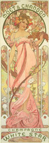 Alphonse Mucha Moët & Chandon: Champagne White Star 1899 Litografia a colori, 60x20 cm © Mucha Trust 2023