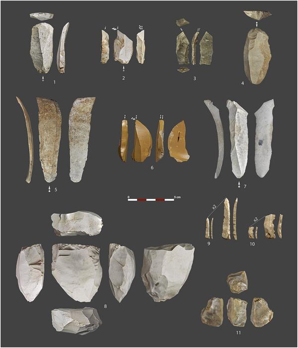 Selection of lithic artifacts collected at the Charco Verde II site. All come from Level 1 except number 3, which was found on the ground Surface of the archeological deposit, and number 6, recorded at the fluvial terrace below the slope. 1 & 4: Endscrapers on blades. 2, 3 & 6: Canted dihedral burins. 5 & 7: Large blades. 8: Unidirectional blade core. 9: Backed bladelet. 10: Denticulated backed bladelet. 11: Unidirectional bladelet core. Credits: Aragoncillo-del Río et al., 2023, PLOS ONE, CC-BY 4.0