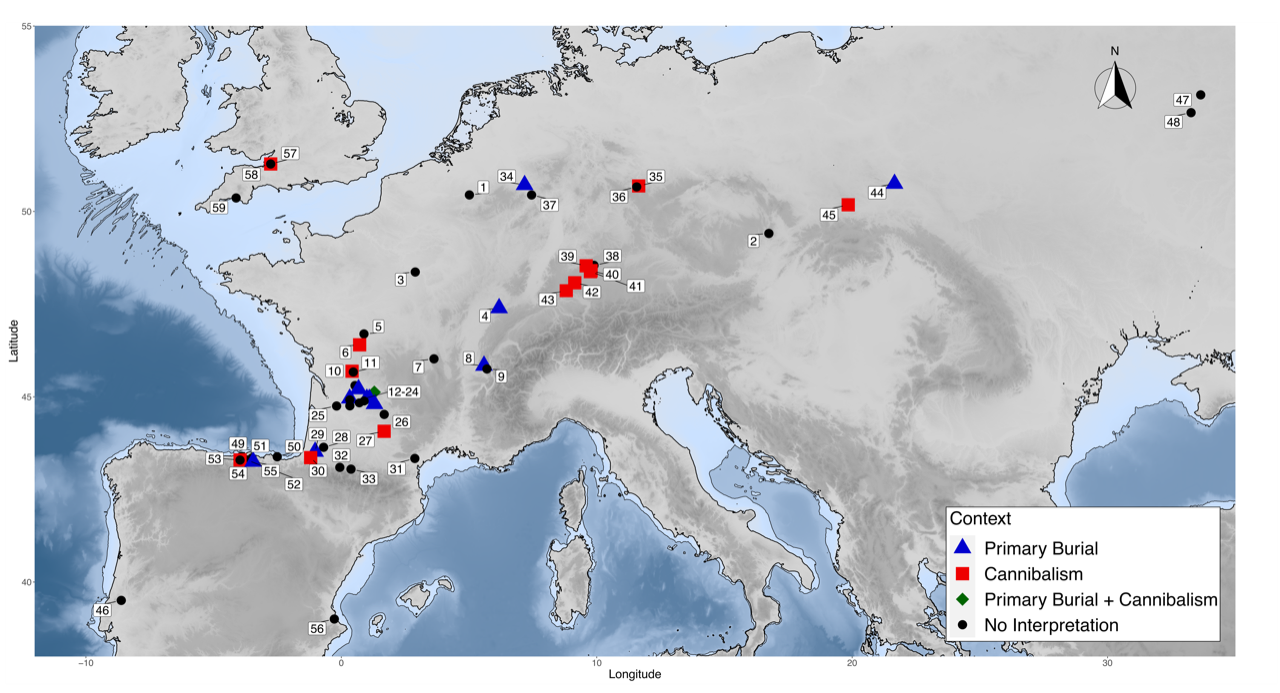 Map of Magdalenian sites identifying cannibalism and primary burial practices - © Trustees of the Natural History Museum