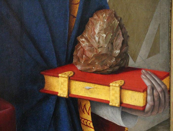 Close-up detail of the handaxe like object in Jean Fouquet's "Étienne Chevalier with Saint Stephen," left panel of "The Melun Diptych" (circa 1455) by Jean Fouquet. Credits: 