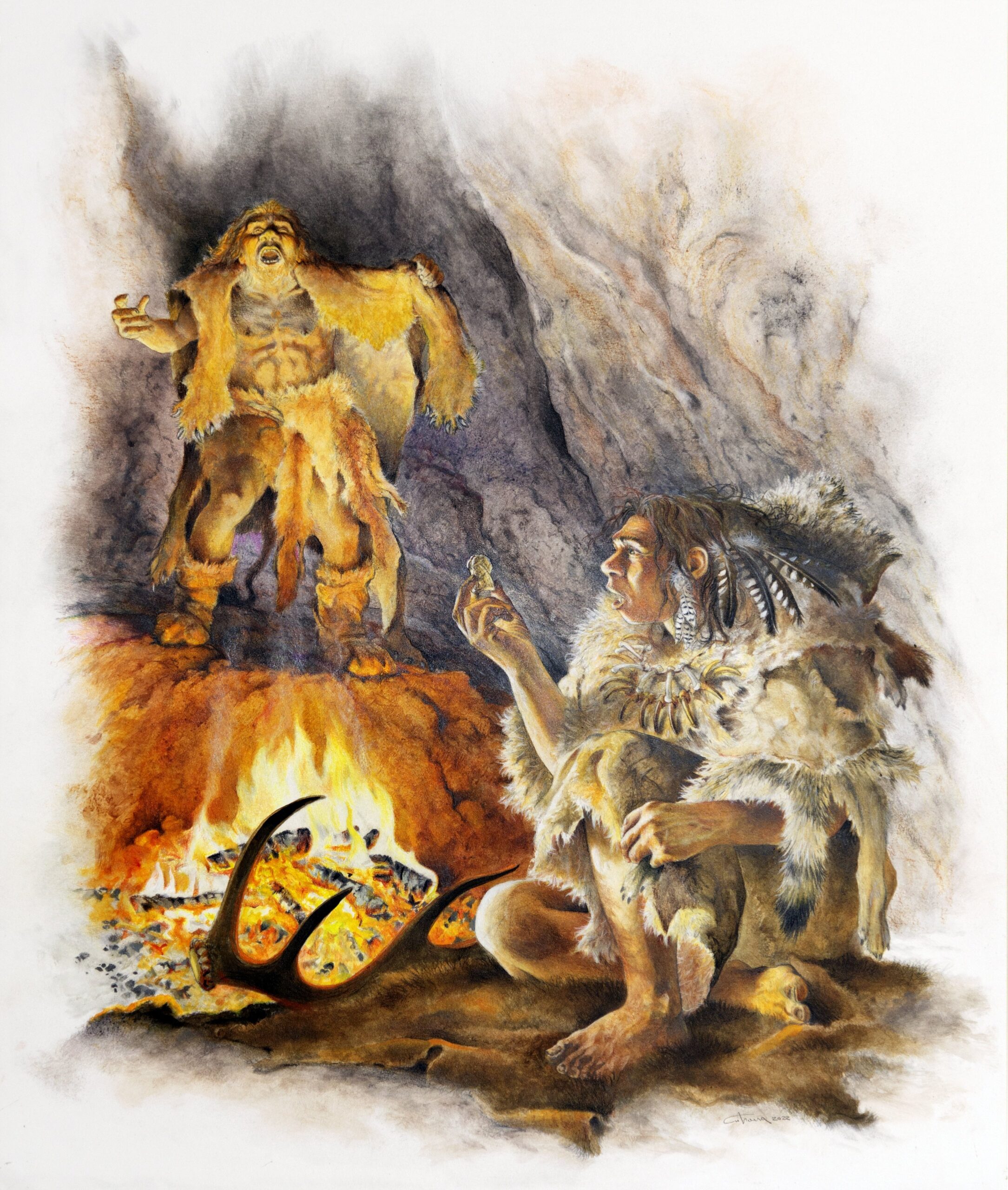 Finds from Einhornhöhle (Unicorn Cave) in the Harz Mountains demonstrate Neanderthals engraved bones (foreground) and valued lion skins (background). Illustration: Mauro Cutrona, ©NLD