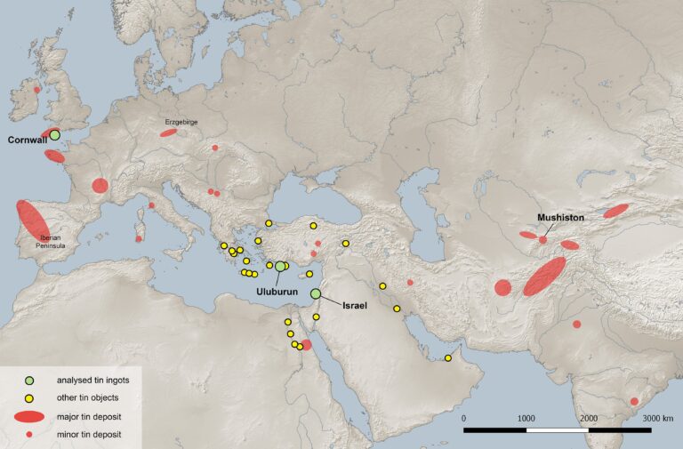 Tin deposits and tin finds in the eastern Mediterranean, Middle and Late Bronze Age.Map: Daniel Berger / CEZA