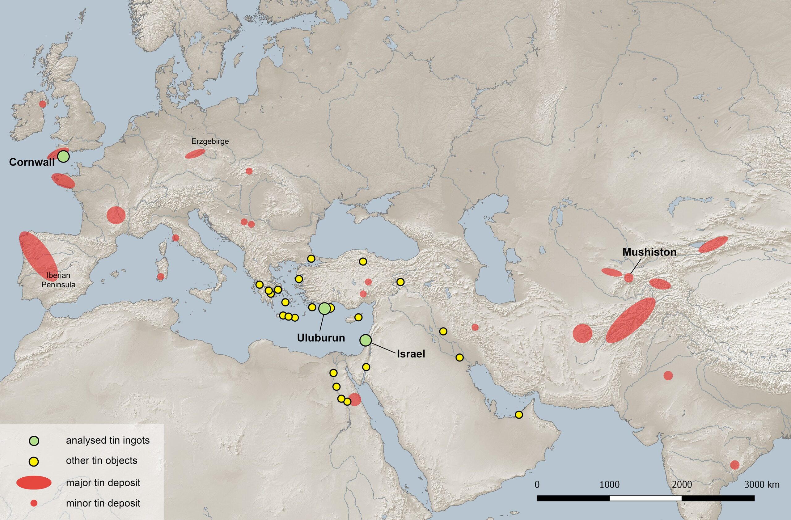 Tin deposits and tin finds in the eastern Mediterranean, Middle and Late Bronze Age.Map: Daniel Berger / CEZA