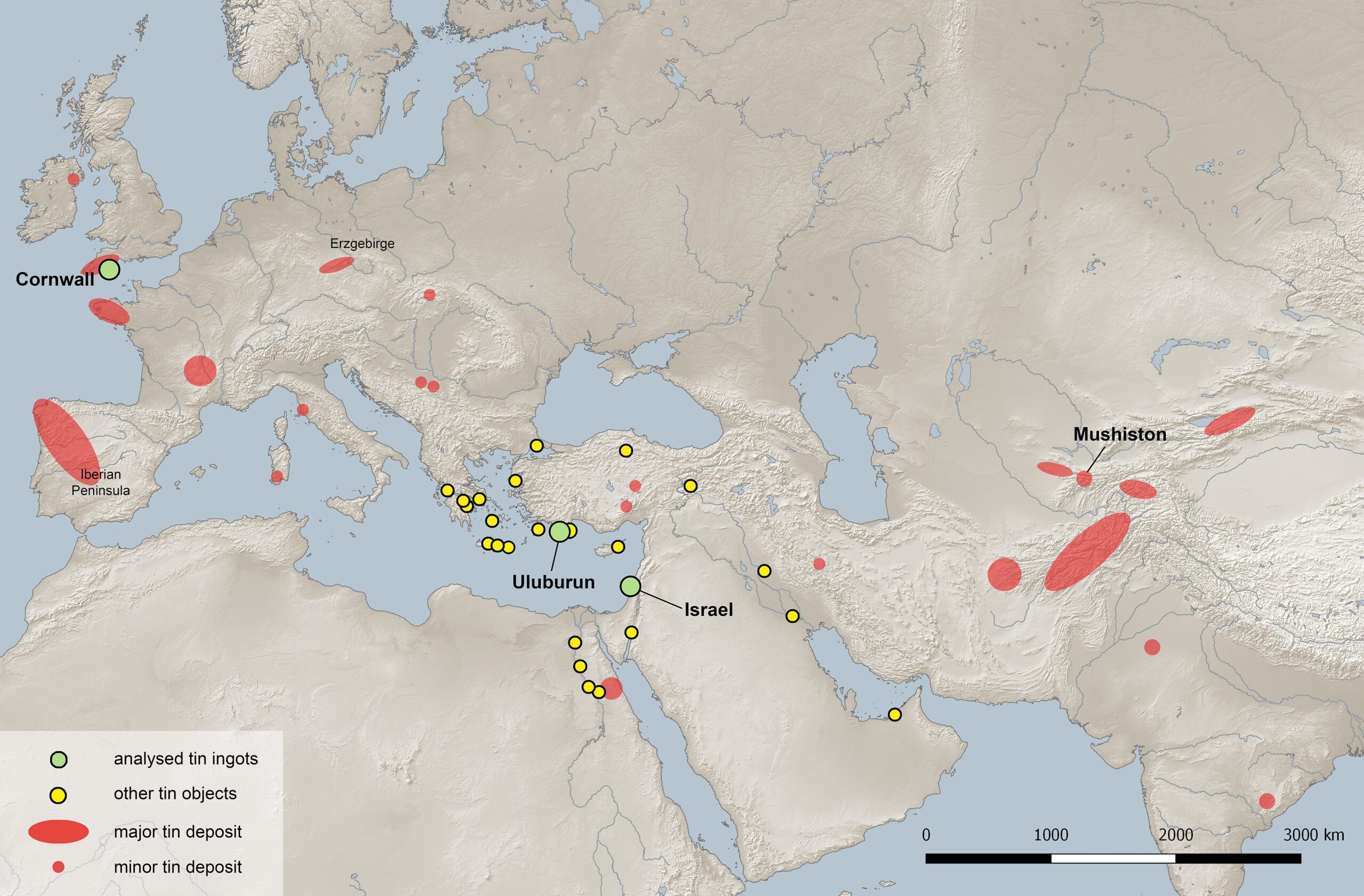 Herkunft Zinn Bronzezeit Tin deposits and tin finds in the eastern Mediterranean, Middle and Late Bronze Age.Map: Daniel Berger / CEZA