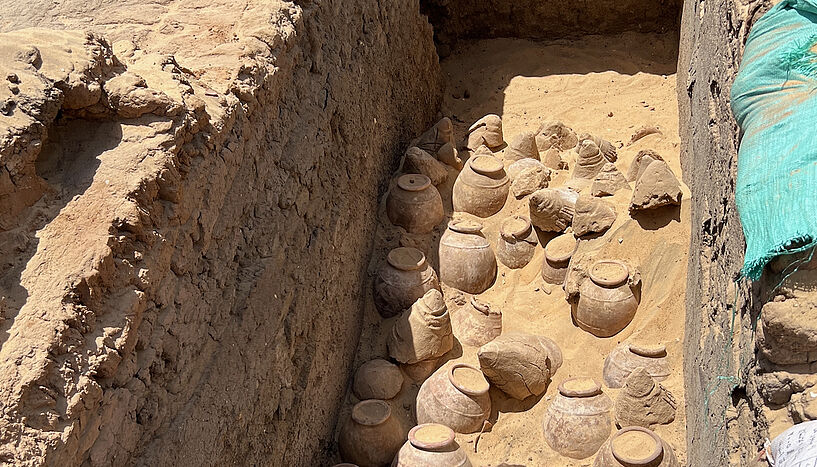 Abb. 2: 5000 Jahre alte Weinkrüge im Grab der Königin Meret-Neith in Abydos während der Ausgrabung. Die Krüge stehen in ihrem ursprünglichen Kontext und sind z.T. noch versiegelt Credits: EC Köhler