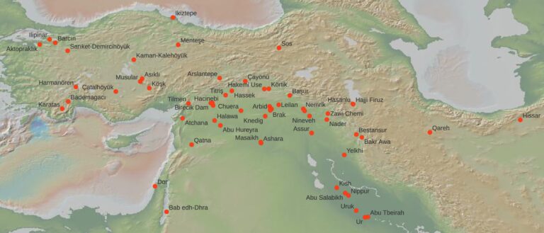 violence first cities Distribution of Middle Eastern archaeological sites that provided bioarchaeological evidence for the present study.Credit: Joerg Baten et al, Nature Human Behaviour. (Base map adapted from Ryan, W. B. F. et al. Global multi-resolution topography (GMRT) synthesis data set. Geochem. Geophys. Geosyst. 10, Q03014 (2009), CC BY 4.0