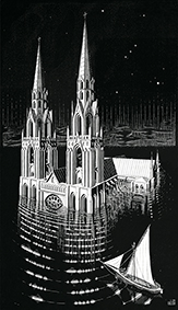 Maurits Cornelis Escher La Cathédrale engloutie (La cattedrale sommersa), 1929 Xilografia, 721x416 mm Collezione M.C. Escher Foundation, Paesi Bassi All M.C. Escher works © 2023 The M.C. Escher Company. All rights reserved www.mcescher.com