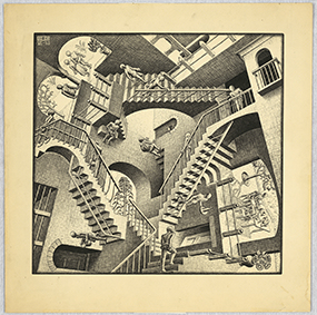 Maurits Cornelis Escher Relatività, 1953 Litografia, 277x292 mm Collezione M.C. Escher Foundation, Paesi Bassi All M.C. Escher works © 2023 The M.C. Escher Company. All rights reserved www.mcescher.com