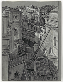 Maurits Cornelis Escher Tra San Pietro e la Cappella Sistina, 1936 Pastello e gessetto, 317x238 Collezione Maurits, Italia All M.C. Escher works © 2023 The M.C. Escher Company. All rights reserved www.mcescher.com