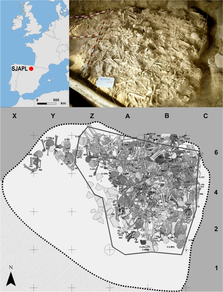 Top left Location of San Juan ante Portam Latinam in north-central Iberia. Top right Surface view of the eastern corner of the burial deposit before being excavated. Bottom Plan where the best-preserved skeletons are reconstructed.