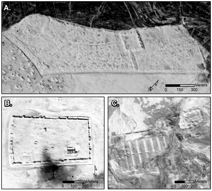 Cold War satellite Roman forts Syria Iraq  CORONA images showing major sites: A) Sura (NASA1401); B) Resafa (NASA1398); and C) Ain Sinu (CRN999). Credits: Figure by J. Casana et al.; CORONA imagery courtesy U.S. Geological Survey