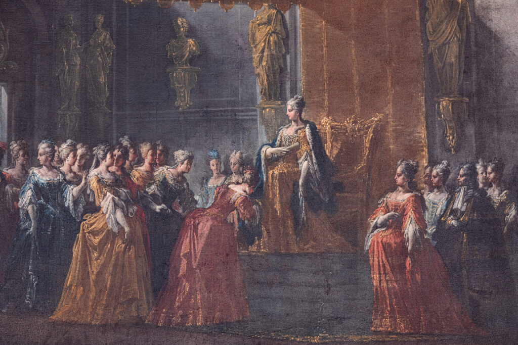 llario Giacinto Mercanti detto Spolverini, Baciamano della regina Elisabetta da parte delle dame e dei gentiluomini di Corte, 1717 - 1718 olio su tela, 95x165 cm Reggia di Caserta, Collezione Farnese, Serie dei Fasti Farnesiani, nozze di Elisabetta Farnese e Filippo V
