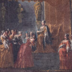 llario Giacinto Mercanti detto Spolverini, Baciamano della regina Elisabetta da parte delle dame e dei gentiluomini di Corte, 1717 - 1718 olio su tela, 95x165 cm Reggia di Caserta, Collezione Farnese, Serie dei Fasti Farnesiani, nozze di Elisabetta Farnese e Filippo V