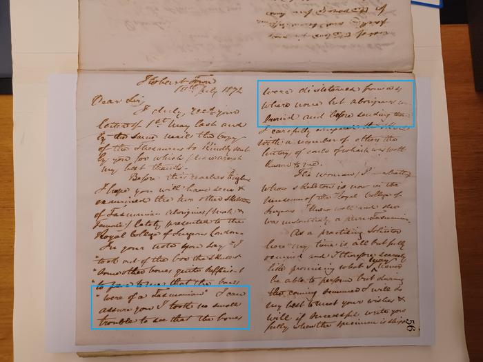 Highlighted text reads, “I can assure you that I took no small trouble to see that the bones were disinterred from only from a sp[ot?] where none but Aborigines were buried…]”. Credits: Allport Library and Museum, State Library of Tasmania: Letterbooks of Morton Allport (excerpt from letter to Davis 10/7/1872), ALL19/1/4