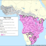 Map of the major Bantu languages shown within the Niger–Congo language family, with non-Bantu languages in greyscale.