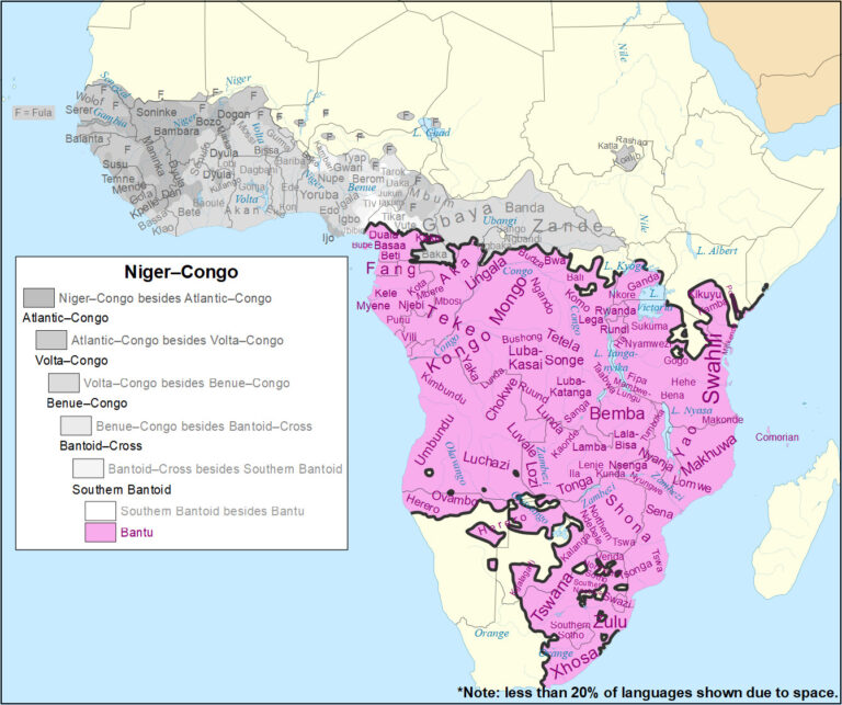 Map of the major Bantu languages shown within the Niger–Congo language family, with non-Bantu languages in greyscale.