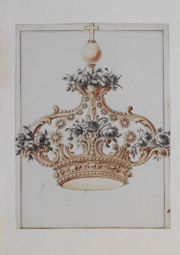 Uffizi Fondo Officina Valadier Disegno per una corona decorata con motivi floreali. Matita, acquerello bruno, giallo, rosa e grigio. 482 x 364 mm