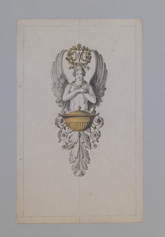 Gioacchino Belli (1756-1822) Disegno per un’acquasantiera Penna, inchiostro bruno, grigio e acquarello giallo. 320 x 190 mm