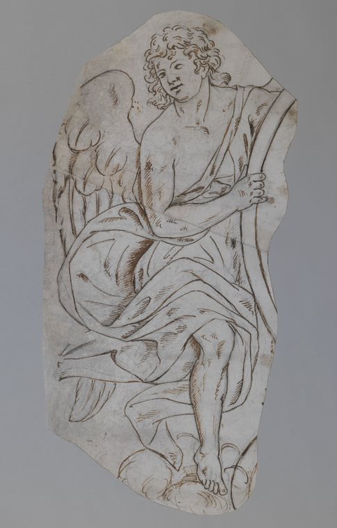 Disegno per figure di angeli. Matita, inchiostro e acquerello bruno. 665 x 400 mm