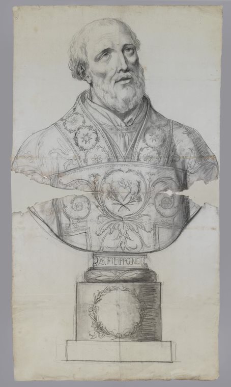 Disegno per un busto di san Filippo Neri. Matita e carboncino nero. 1340 x 750 mm