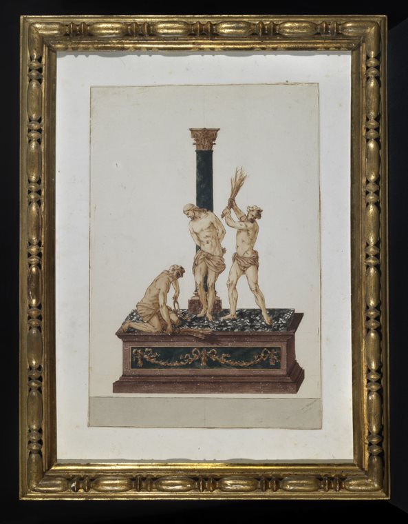 Uffizi Fondo Officina Valadier Giuseppe Valadier (attr. a) (1762 – 1839) La Flagellazione da Algardi. Penna, inchiostro marrone e grigio con macchie di bianco utilizzate per la marmorizzazione della base. 487 x 327 mm