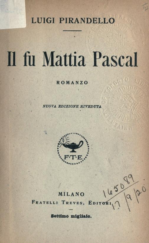 frontespizio della nuova edizione riveduta del libro di Luigi Pirandello, Il fu Mattia Pascal, edito da Fratelli Treves, Milano (1919)