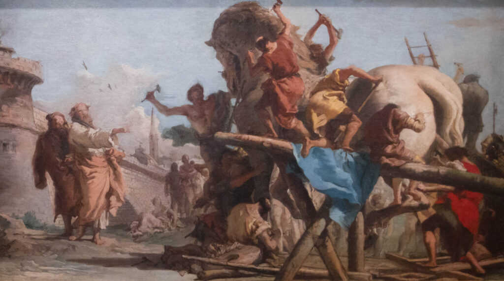 La costruzione del cavallo di Troia, olio su tela (38,8 x 66,7 cm) di Giandomenico Tiepolo, conservato alla National Gallery di Londra. Foto di , 