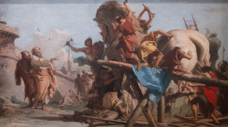 La costruzione del cavallo di Troia, olio su tela (38,8 x 66,7 cm) di Giandomenico Tiepolo, conservato alla National Gallery di Londra. Foto di ,