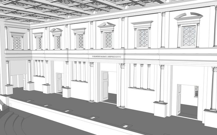 An artist's impression of the interior of the theatre from the seating area, showing the scaena, the facade of the stage.