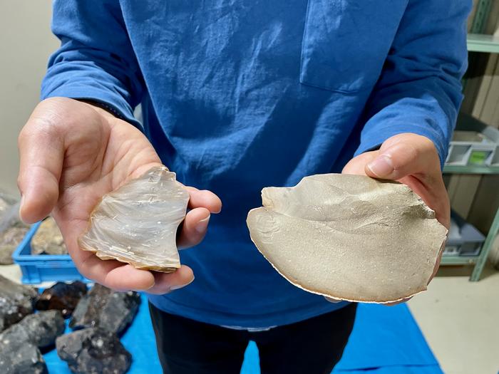 Paleolithic properties of rocks An archaeologist, Eiki Suga, showing fine-grained flint (left) and middle-grained flint (right). Credits: Megumi Maruyama