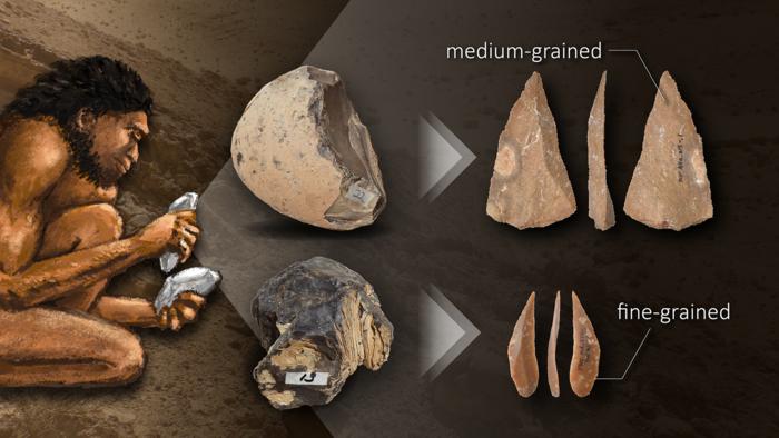 Paleolithic properties of rocks Investigation of mechanical properties of rocks suggested that paleolithic humans changed their choice of raw material to suit their stone tool morphologies and production techniques. Credits: Eiki Suga (photos), Reiko Matsushita (illustration and design)