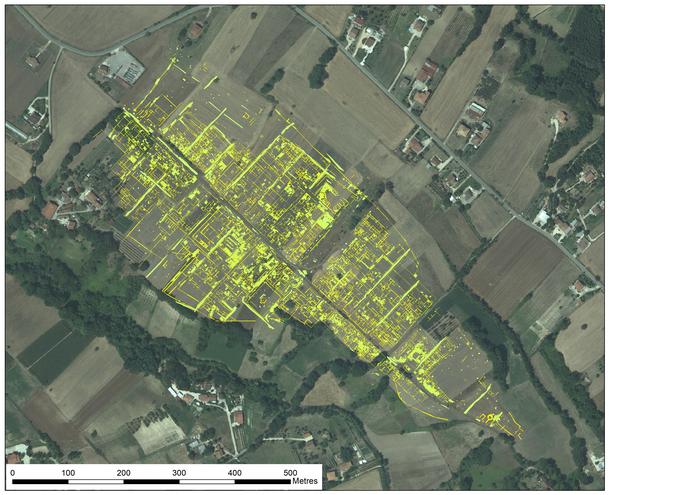 Interpretation of geophysical survey results showing underground traces of Interamna Lirenas in the context of the wider landscape today. 