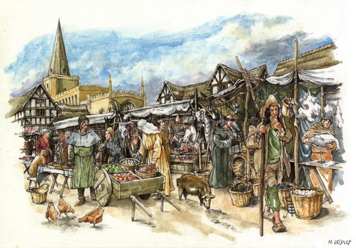 An illustration of the market place in medieval Cambridge by the artist Mark Gridley. Credits: Mark Gridley/After the Plague